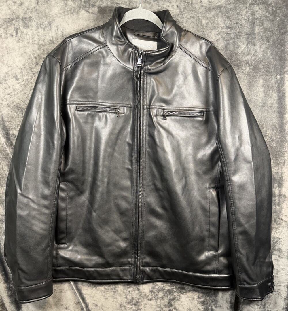 Michael Kors Faux Leather Jacket Mens XXL Black Moto Biker Full Zip Coat